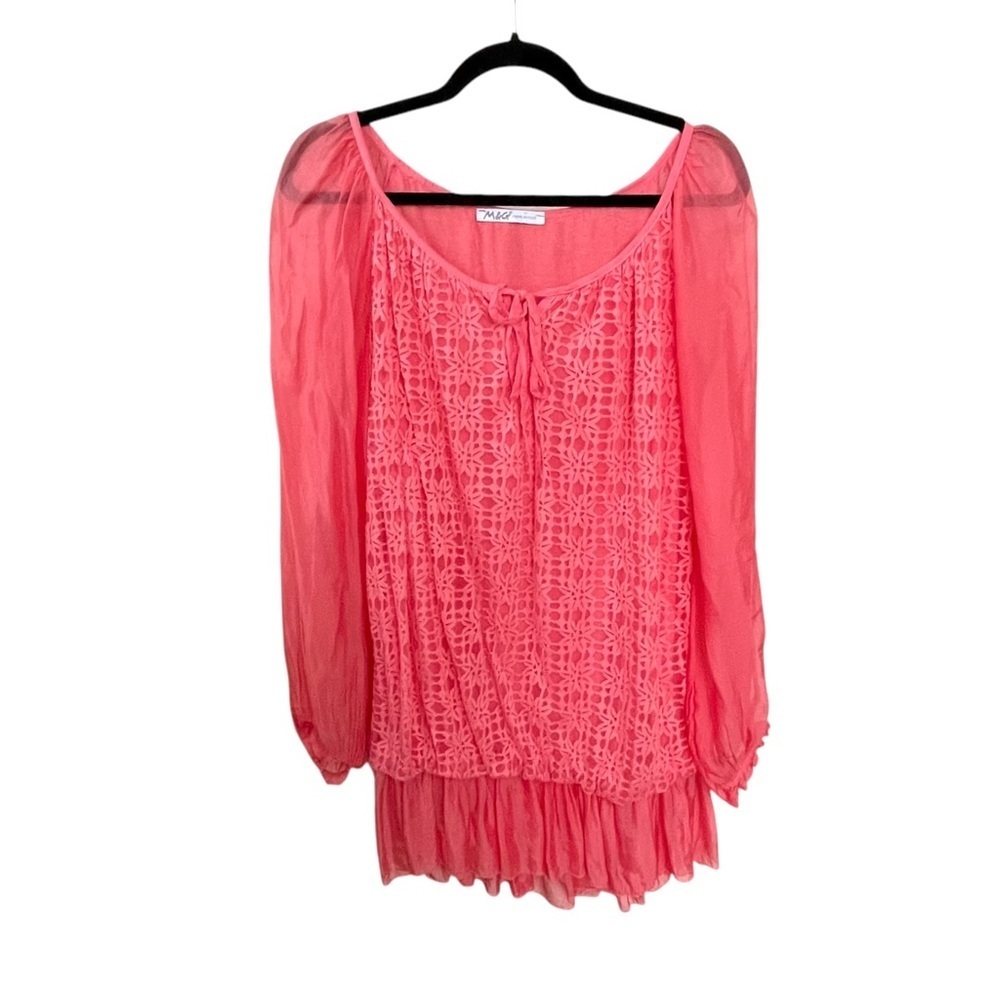 MADE IN ITALY Silk Scoop Neck Long Sleeve Popover Blouse Melon M